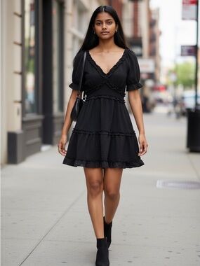 V-Neck Black Ruffle Mini Dress